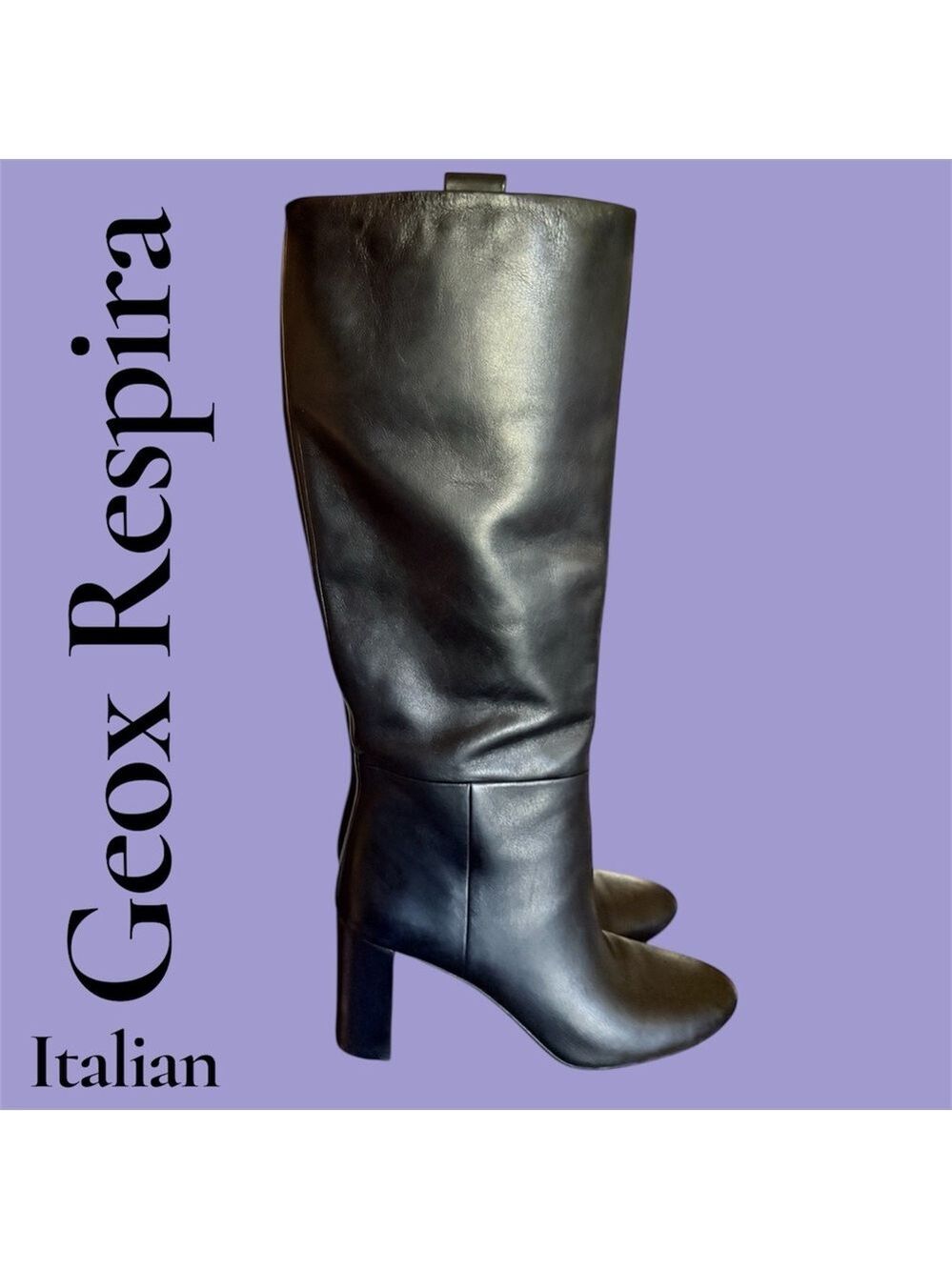 Geox Black Luxury, Italian Leather, Knee-High Block Heel Boots. Size 9.5 EUC!